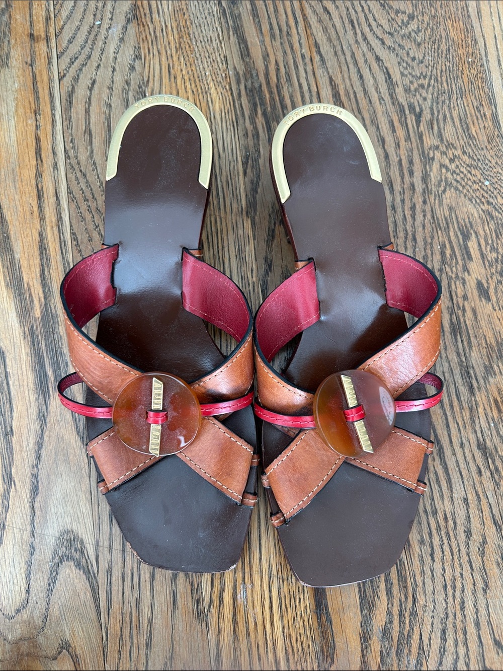 Tory Burch Brown Leather Slide Sandals with Red Trim and Gold Accents